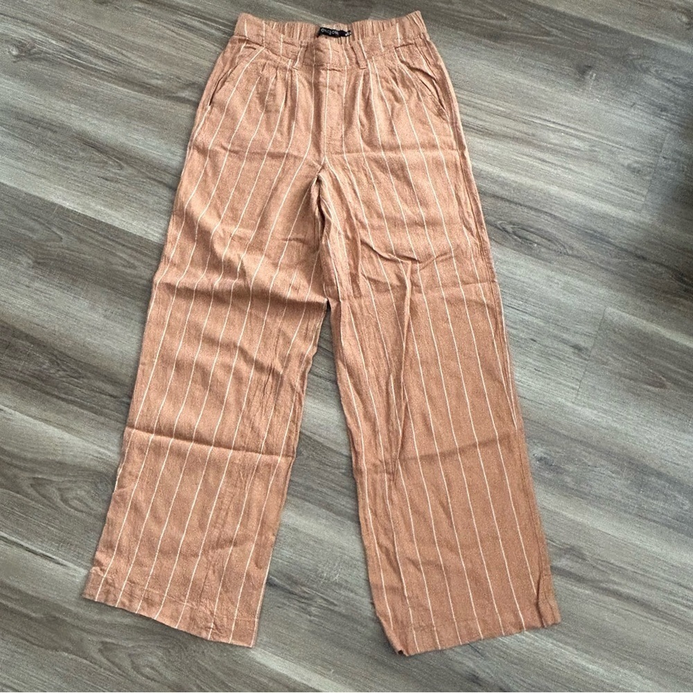 ONE 5 ONE Lenin Blend Tan White Pin Stripe Wide Leg Trousers Women Size Small-M
